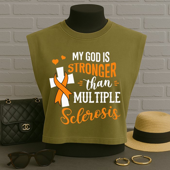 My God is Stronger Than Multiple Sclerosis Warrior Fighter Garment-Dyed Women's Muscle Tee