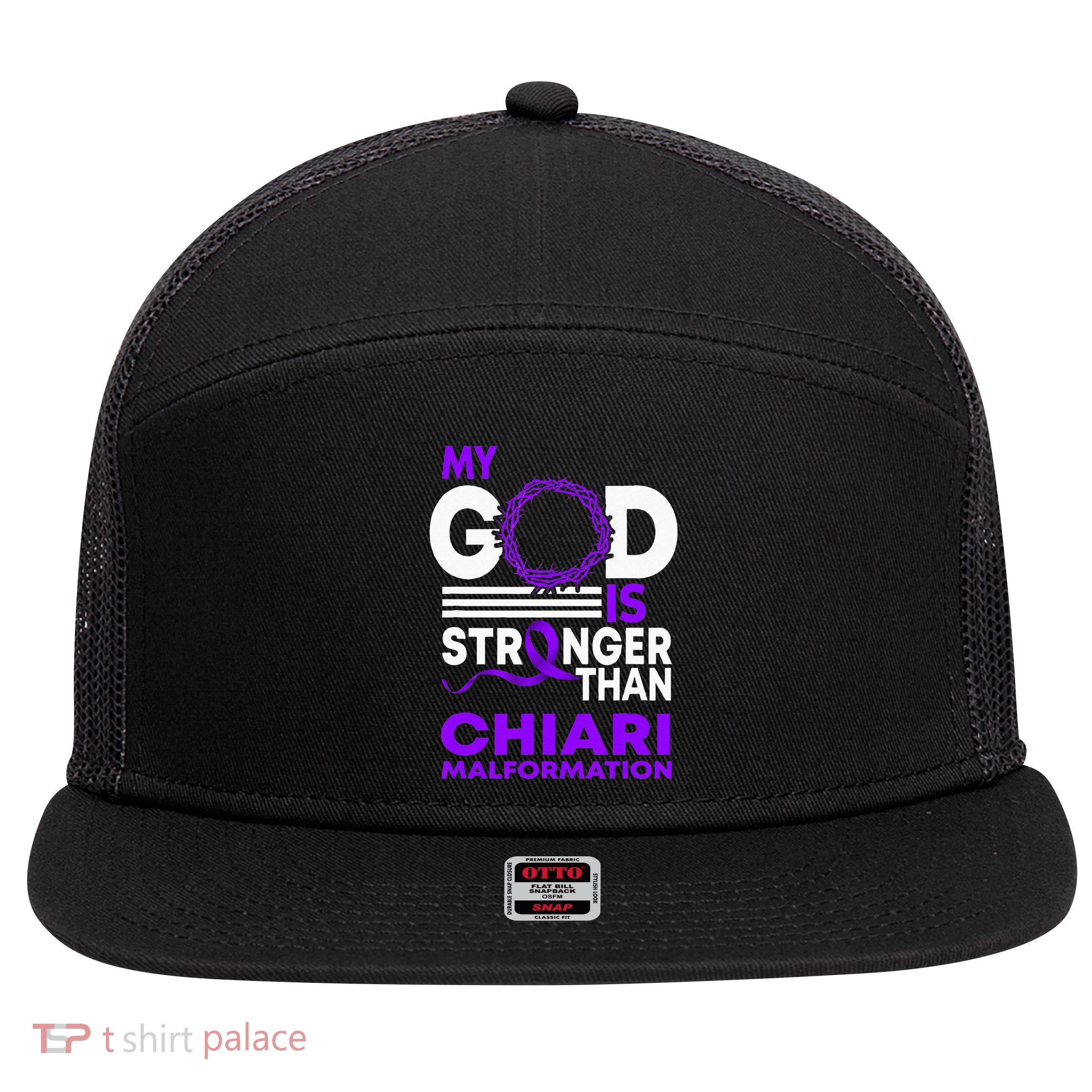 My God Is Stronger Than Chiari Malformation Awareness Ribbon 7 Panel Mesh Trucker Snapback Hat