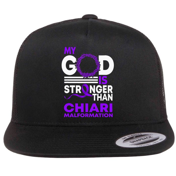 My God Is Stronger Than Chiari Malformation Awareness Ribbon Flat Bill Trucker Hat