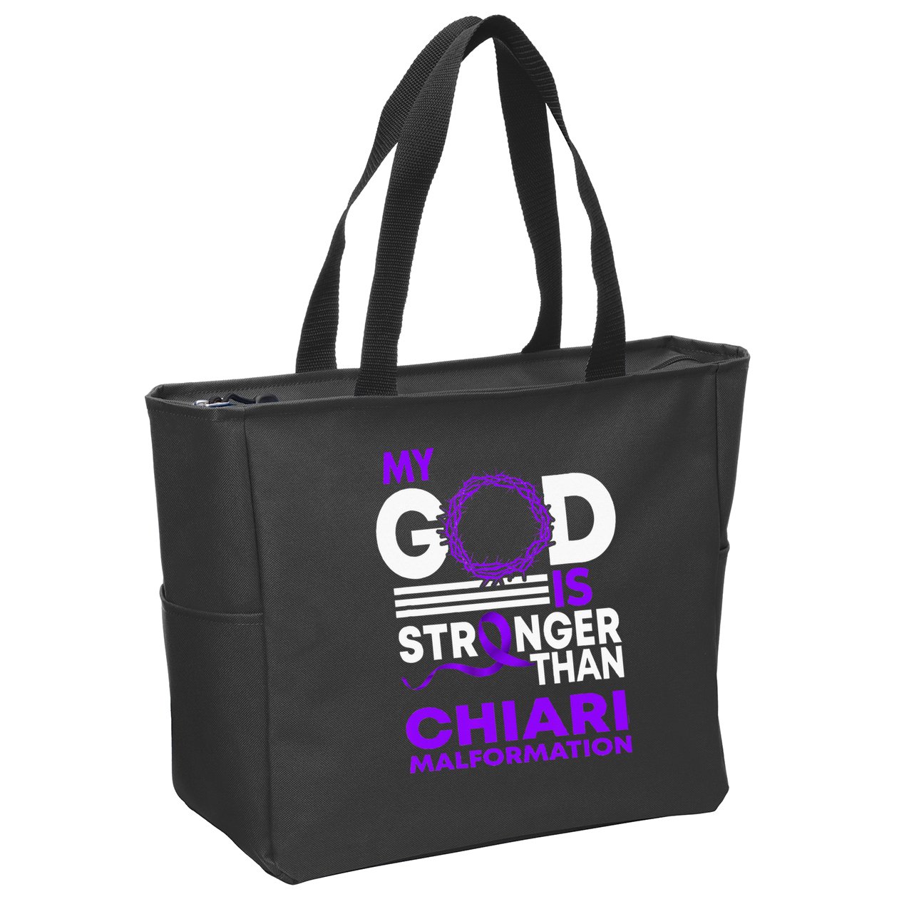 My God Is Stronger Than Chiari Malformation Awareness Ribbon Zip Tote Bag