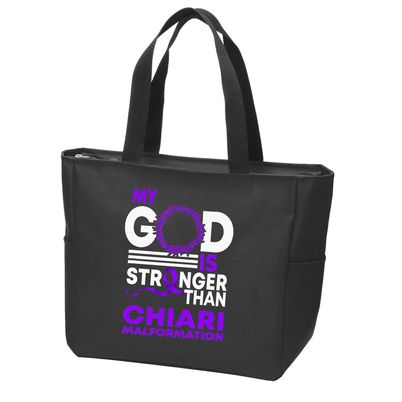 My God Is Stronger Than Chiari Malformation Awareness Ribbon Zip Tote Bag