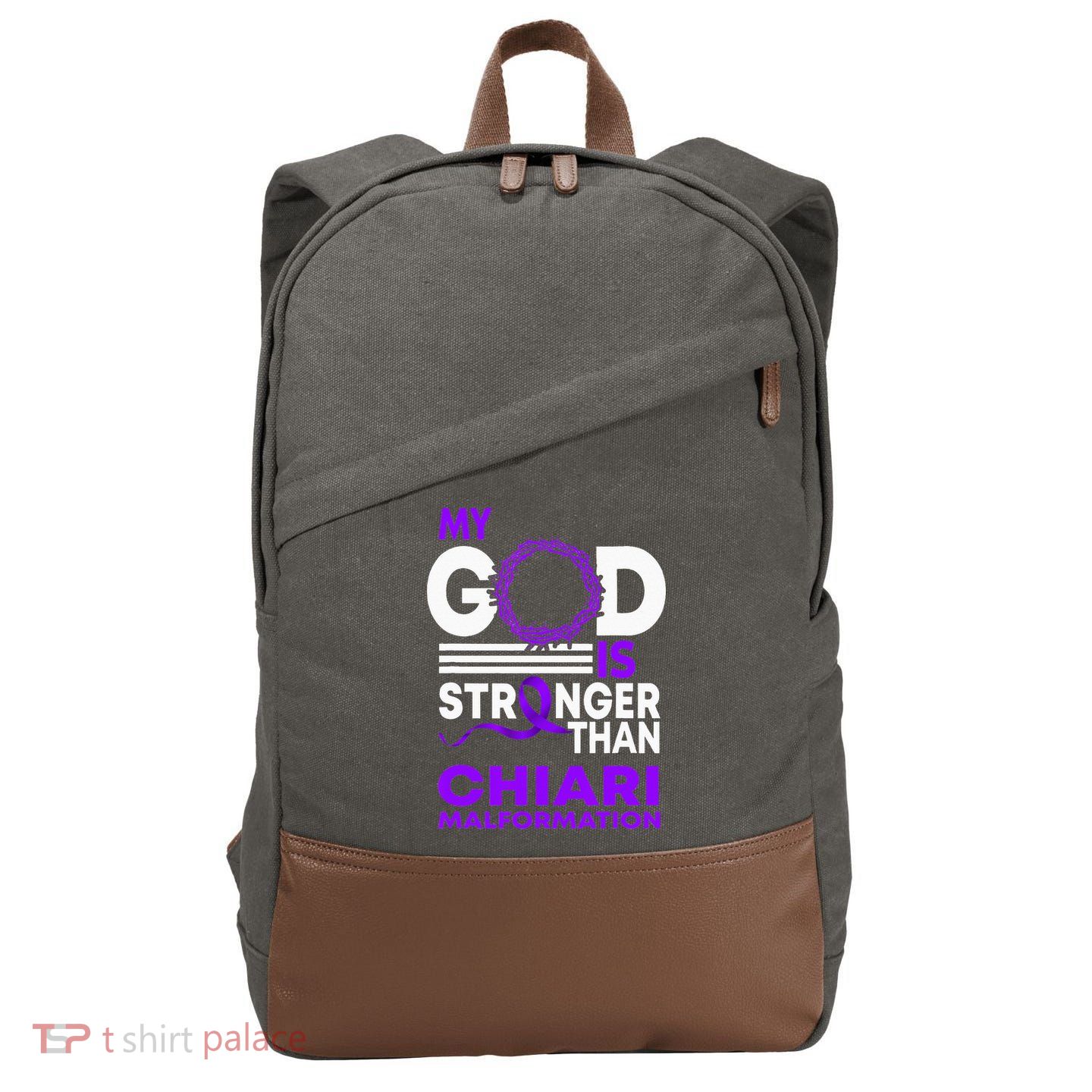 My God Is Stronger Than Chiari Malformation Awareness Ribbon Cotton Canvas Backpack