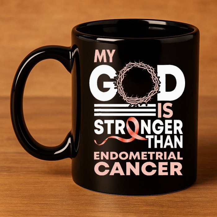 My God Is Stronger Than Endometrial Cancer Awareness Ribbon 11oz C Handle Ceramic Mug
