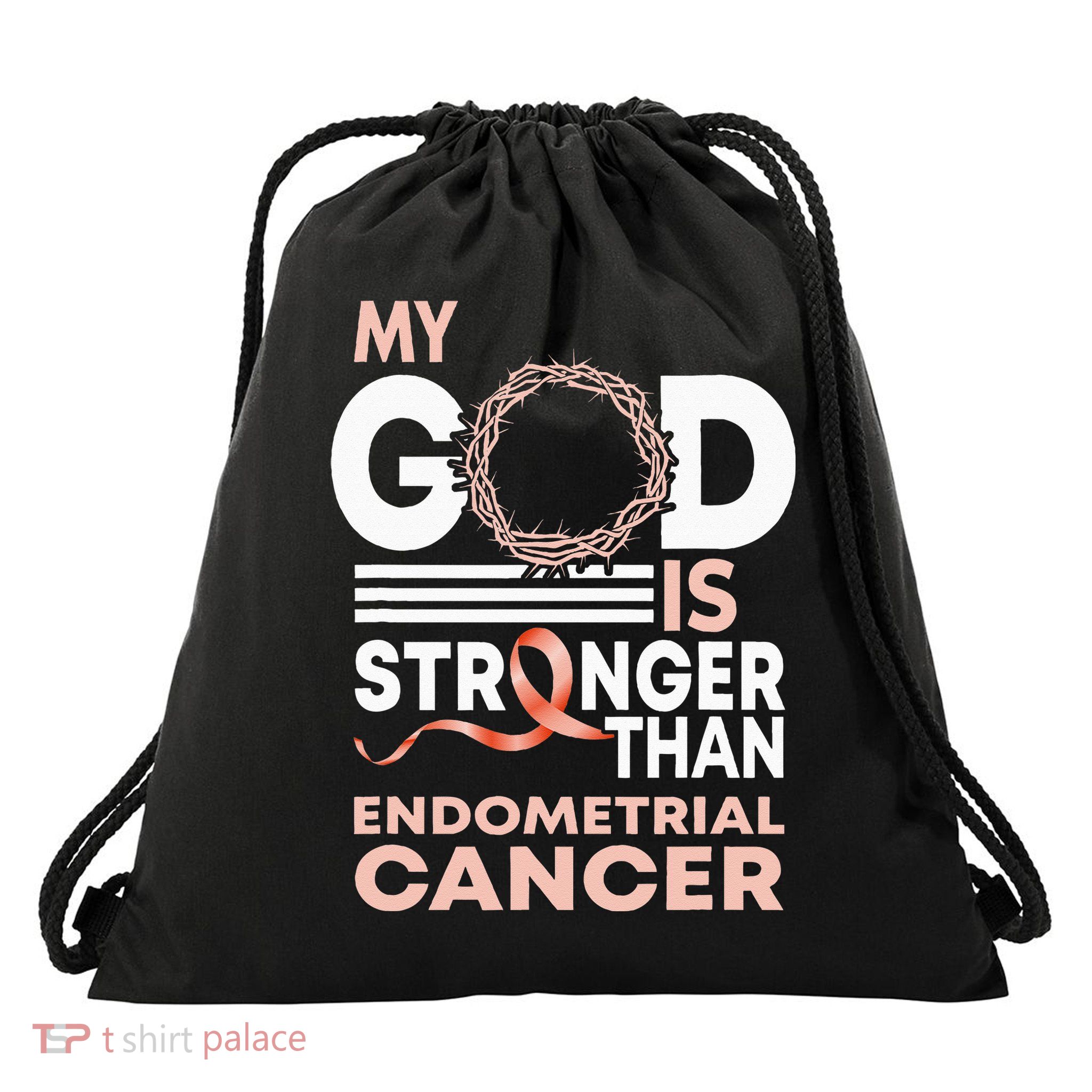 My God Is Stronger Than Endometrial Cancer Awareness Ribbon Drawstring Bag