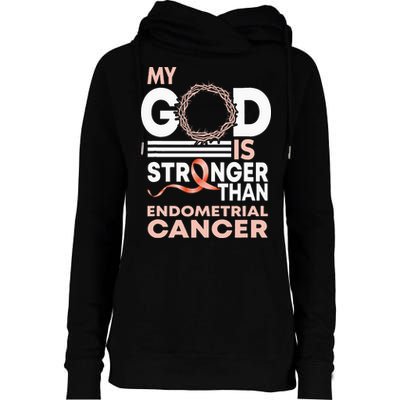 My God Is Stronger Than Endometrial Cancer Awareness Ribbon Womens Funnel Neck Pullover Hood