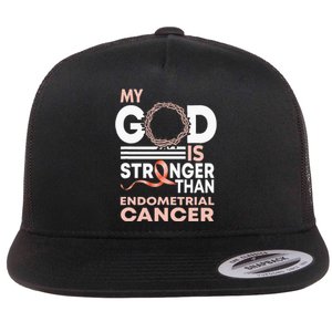 My God Is Stronger Than Endometrial Cancer Awareness Ribbon Flat Bill Trucker Hat