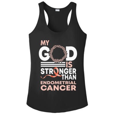 My God Is Stronger Than Endometrial Cancer Awareness Ribbon Ladies PosiCharge Competitor Racerback Tank
