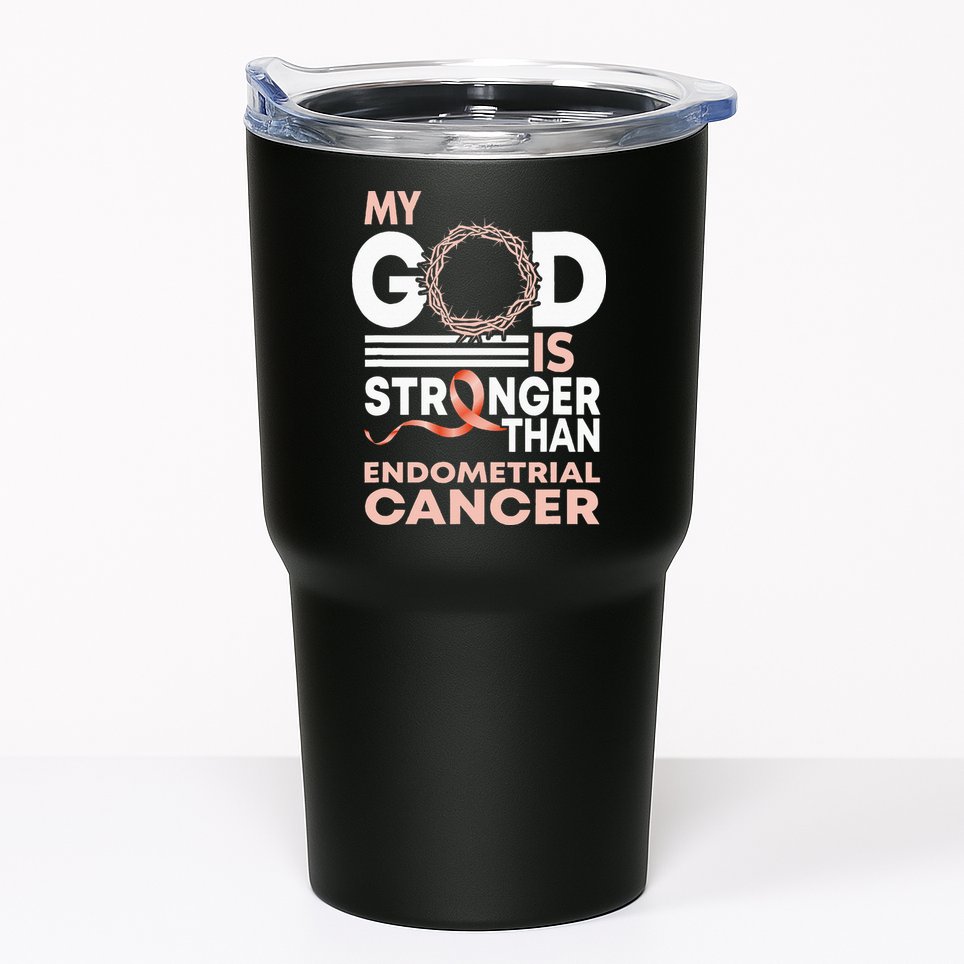 My God Is Stronger Than Endometrial Cancer Awareness Ribbon Tumbler