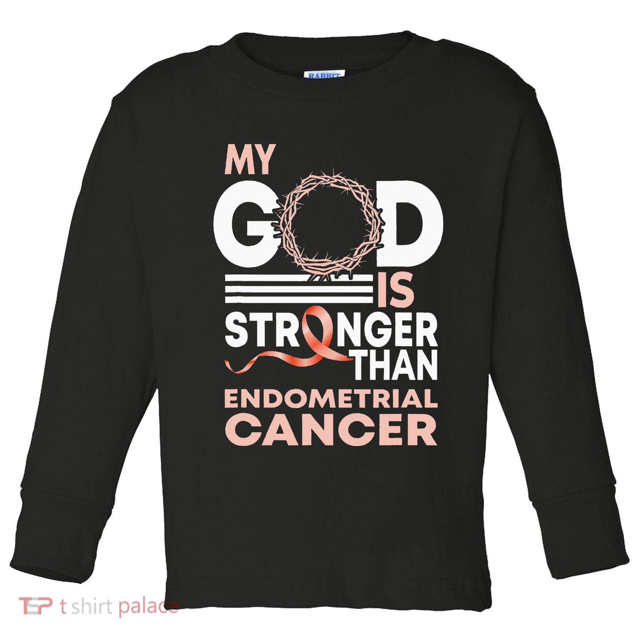 My God Is Stronger Than Endometrial Cancer Awareness Ribbon Toddler Long Sleeve Shirt