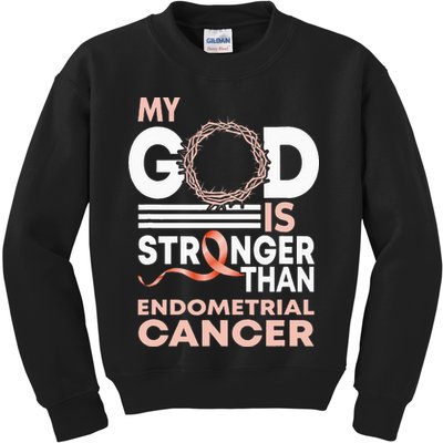 My God Is Stronger Than Endometrial Cancer Awareness Ribbon Kids Sweatshirt