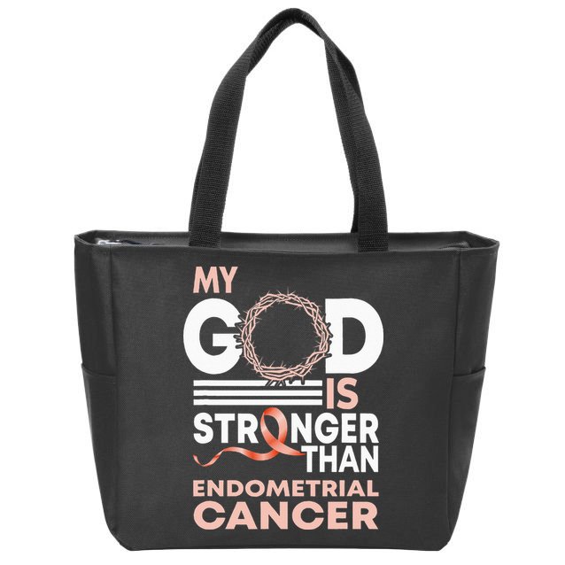 My God Is Stronger Than Endometrial Cancer Awareness Ribbon Zip Tote Bag