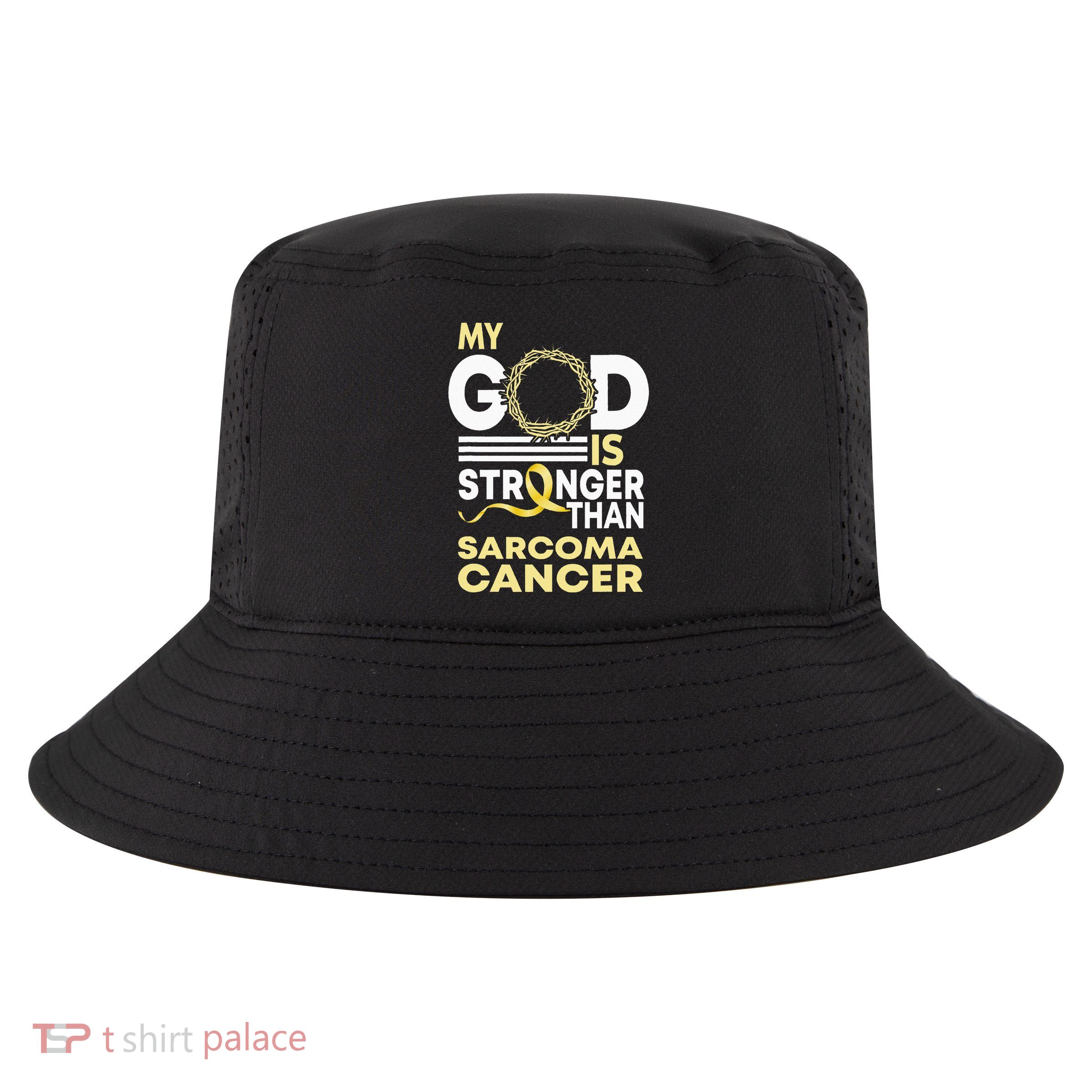 My God Is Stronger Than Sarcoma Cancer Awareness Ribbon Cool Comfort Performance Bucket Hat