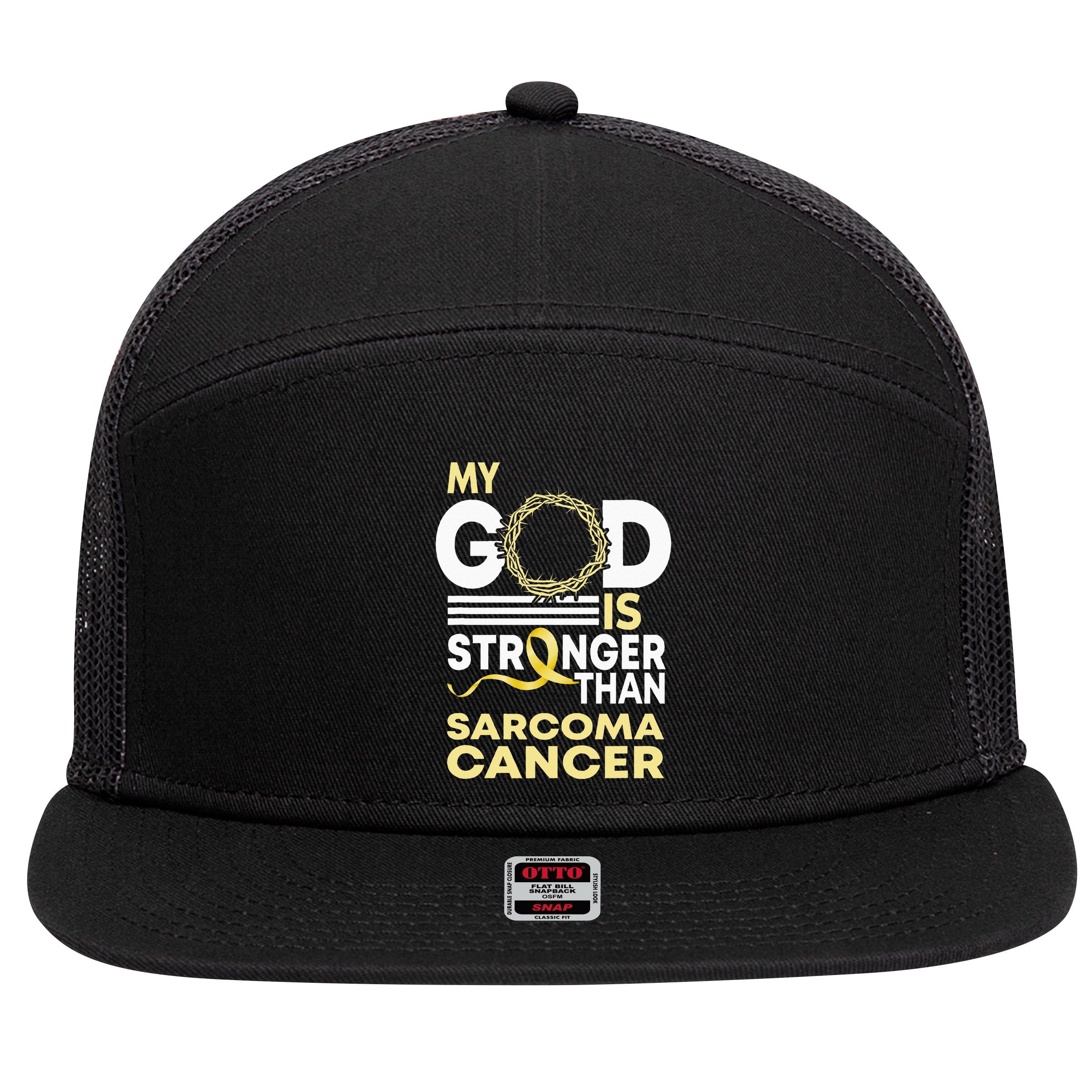 My God Is Stronger Than Sarcoma Cancer Awareness Ribbon 7 Panel Mesh Trucker Snapback Hat