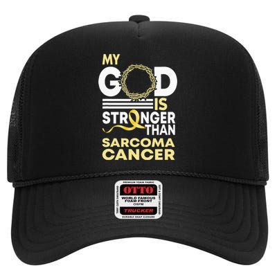 My God Is Stronger Than Sarcoma Cancer Awareness Ribbon High Crown Mesh Back Trucker Hat