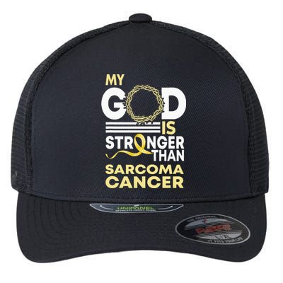 My God Is Stronger Than Sarcoma Cancer Awareness Ribbon Flexfit Unipanel Trucker Cap