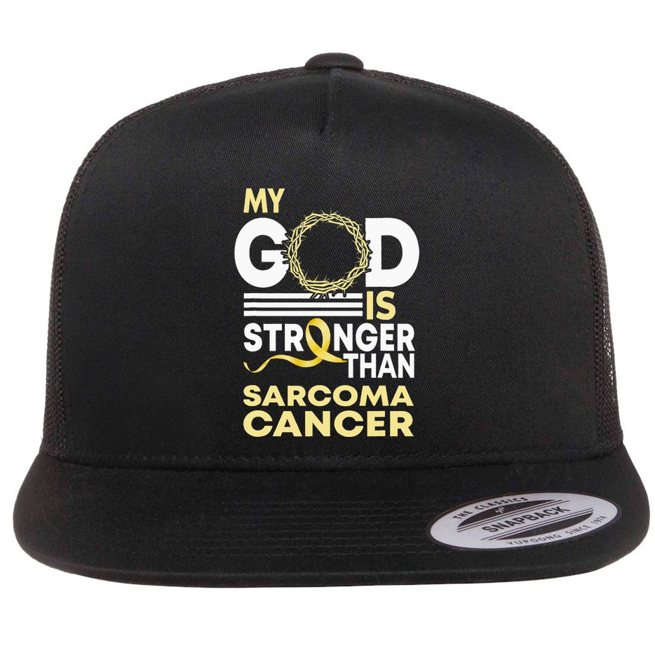 My God Is Stronger Than Sarcoma Cancer Awareness Ribbon Flat Bill Trucker Hat