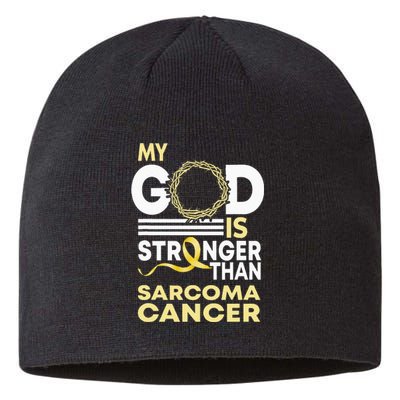 My God Is Stronger Than Sarcoma Cancer Awareness Ribbon Sustainable Beanie