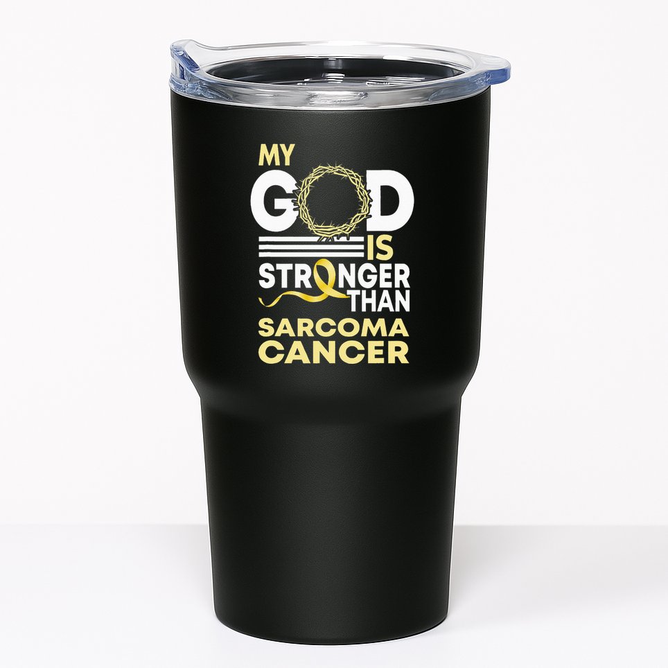 My God Is Stronger Than Sarcoma Cancer Awareness Ribbon Tumbler