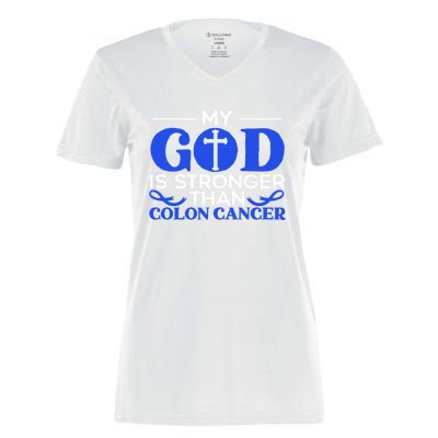 My God Is Stronger Than Colon Cancer Awareness Chrisitan Gift Women's Momentum V-Neck T-Shirt