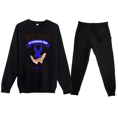 My God Is Stronger Than Design Colon Cancer Awareness Great Gift Premium Crewneck Sweatsuit Set