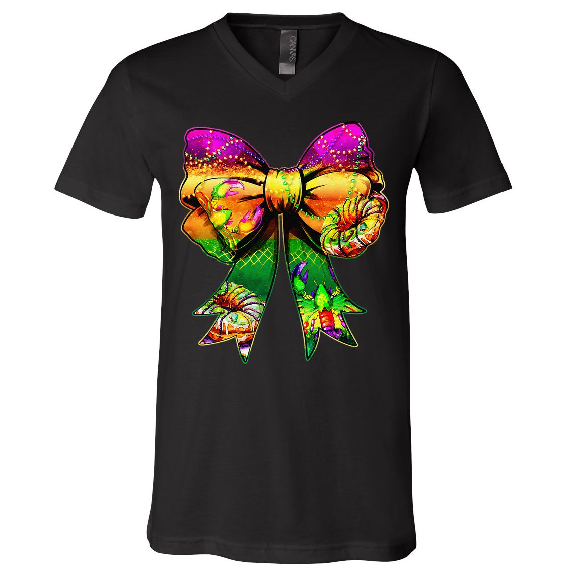 Mardi Gras King Cake Coquette Bow Crawfish Carnival V-Neck T-Shirt