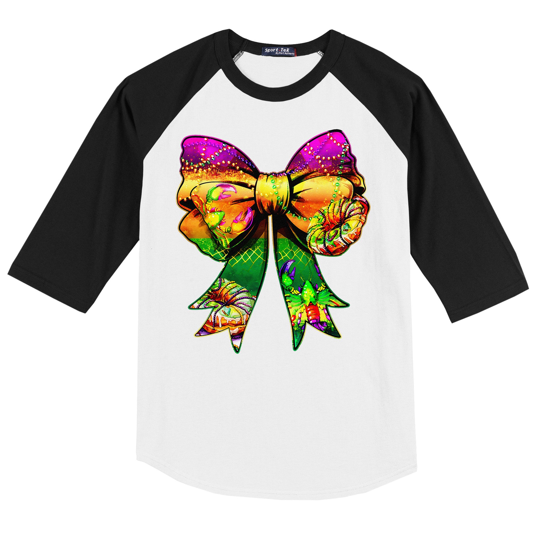 Mardi Gras King Cake Coquette Bow Crawfish Carnival Baseball Sleeve Shirt
