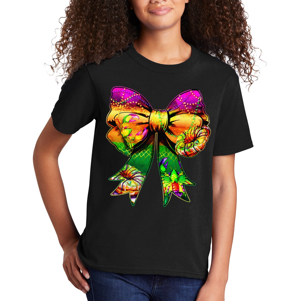 Mardi Gras King Cake Coquette Bow Crawfish Carnival Kids T-Shirt