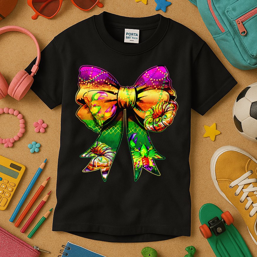 Mardi Gras King Cake Coquette Bow Crawfish Carnival Kids T-Shirt