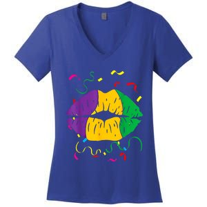 Mardi Gras Lips Queen Carnival Costume Purple And Gold Funny Gift Women's V-Neck T-Shirt