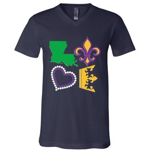 Mardi Gras Love Party Beads Louisiana New Orleans S V-Neck T-Shirt