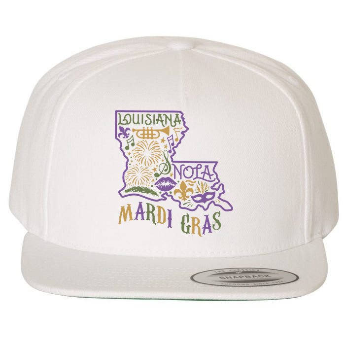 Mardi Gras Louisiana Map Wool Snapback Cap