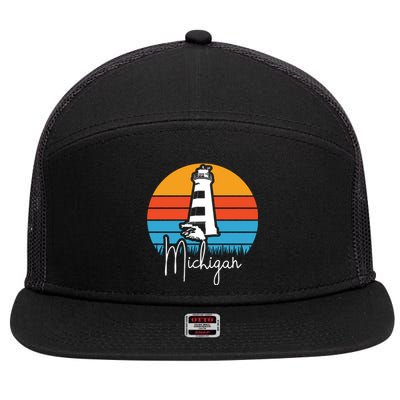 Michigan Great Lakes Lighthouse Beach Town 7 Panel Mesh Trucker Snapback Hat