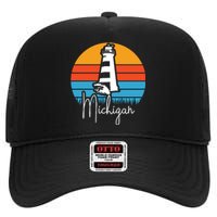 Michigan Great Lakes Lighthouse Beach Town High Crown Mesh Back Trucker Hat