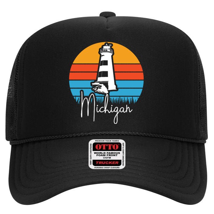 Michigan Great Lakes Lighthouse Beach Town High Crown Mesh Back Trucker Hat