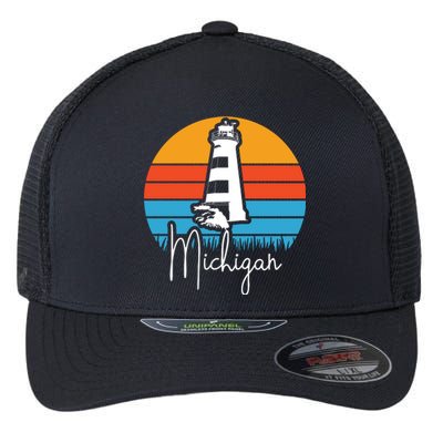 Michigan Great Lakes Lighthouse Beach Town Flexfit Unipanel Trucker Cap