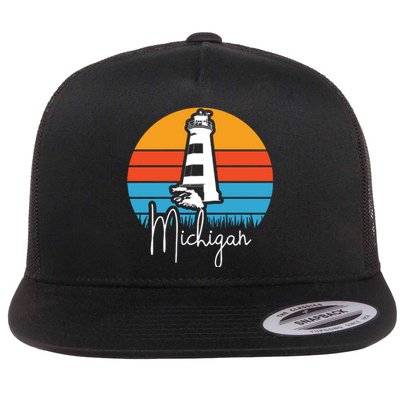 Michigan Great Lakes Lighthouse Beach Town Flat Bill Trucker Hat