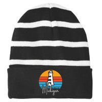 Michigan Great Lakes Lighthouse Beach Town Striped Beanie with Solid Band