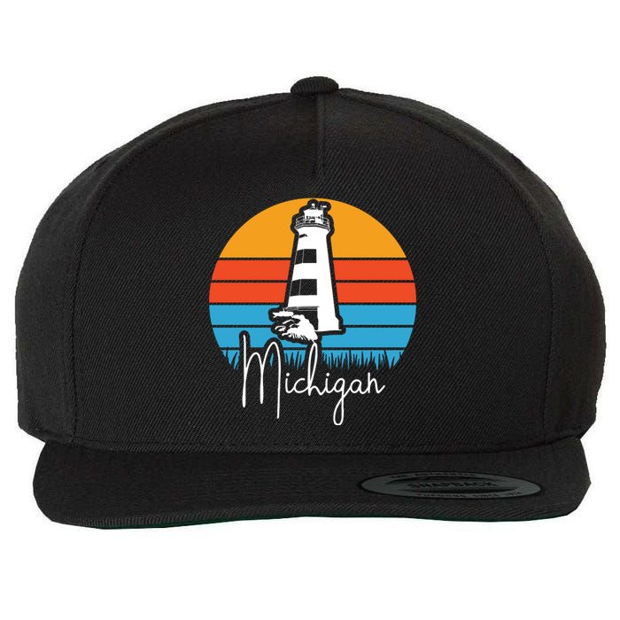 Michigan Great Lakes Lighthouse Beach Town Wool Snapback Cap