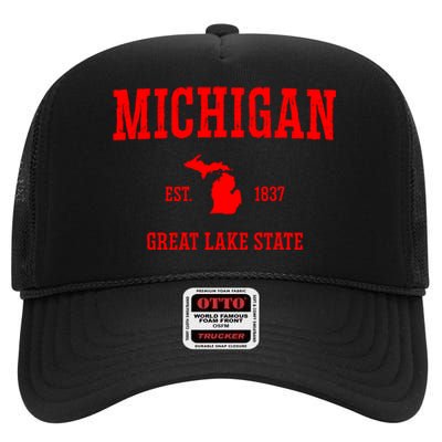 Michigan Great Lake State MI Est 1837 High Crown Mesh Back Trucker Hat