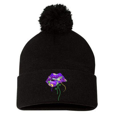 Mardi Gras Lip Beads Festive Pom Pom 12in Knit Beanie