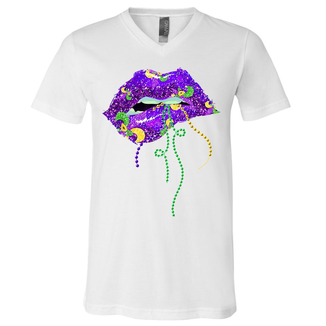 Mardi Gras Lip Beads Festive V-Neck T-Shirt