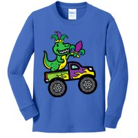 Mardi Gras Monster Truck Dinosaur Trex Kids Long Sleeve Shirt