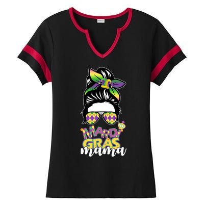 Mardi Gras Mama Hair Bun Celebration Ladies Halftime Notch Neck Tee