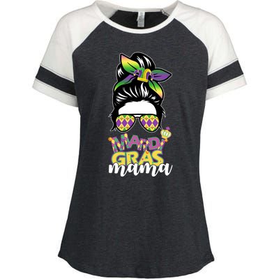 Mardi Gras Mama Hair Bun Celebration Enza Ladies Jersey Colorblock Tee