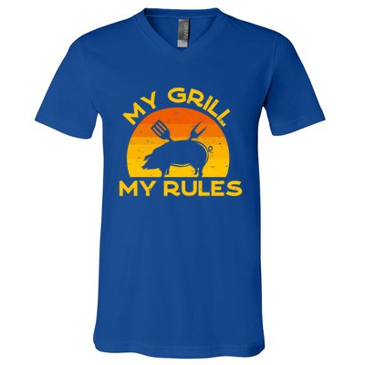 My Grill My Rules Funny Fathers Day Grillmaster Pork Bbq Gift V-Neck T-Shirt