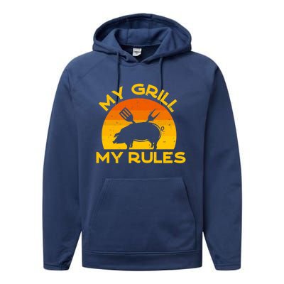 My Grill My Rules Funny Fathers Day Grillmaster Pork Bbq Gift Performance Fleece Hoodie