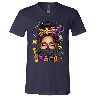 Mardi Gras Mama Messy Bun Mardi Gras Queen Carnaval V-Neck T-Shirt