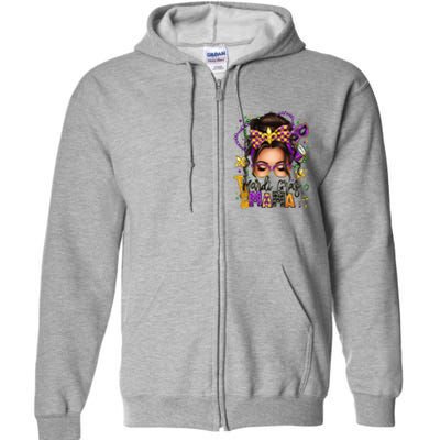 Mardi Gras Mama Messy Bun Mardi Gras Queen Carnaval Full Zip Hoodie