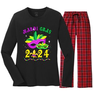 Mardi Gras Mardi Gras Beads Mask Joker Hat Carnival 2024 Women's Long Sleeve Flannel Pajama Set 