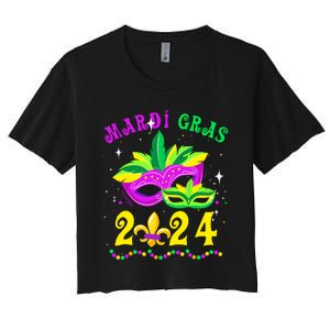 Mardi Gras Mardi Gras Beads Mask Joker Hat Carnival 2024 Women's Crop Top Tee